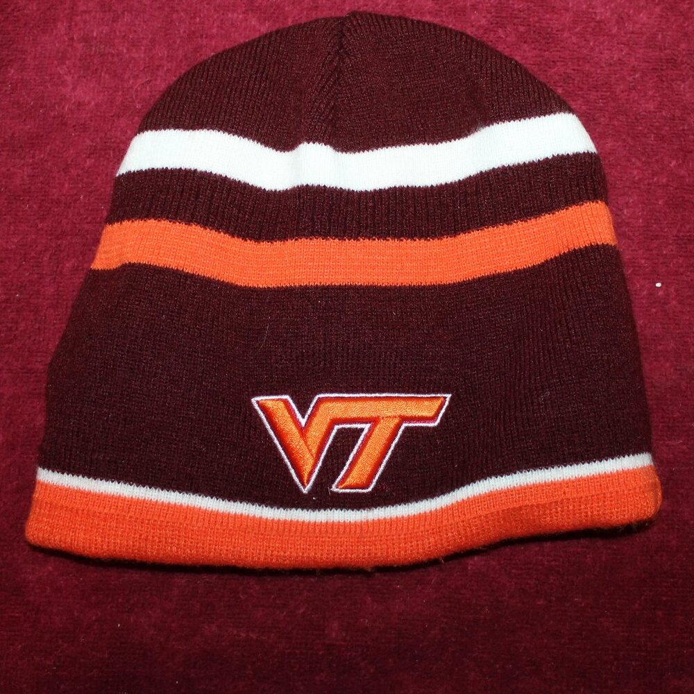 Virginia Tech Hokies Maroon Orange Skull Beanie Cap Hat Reversible Youth Size